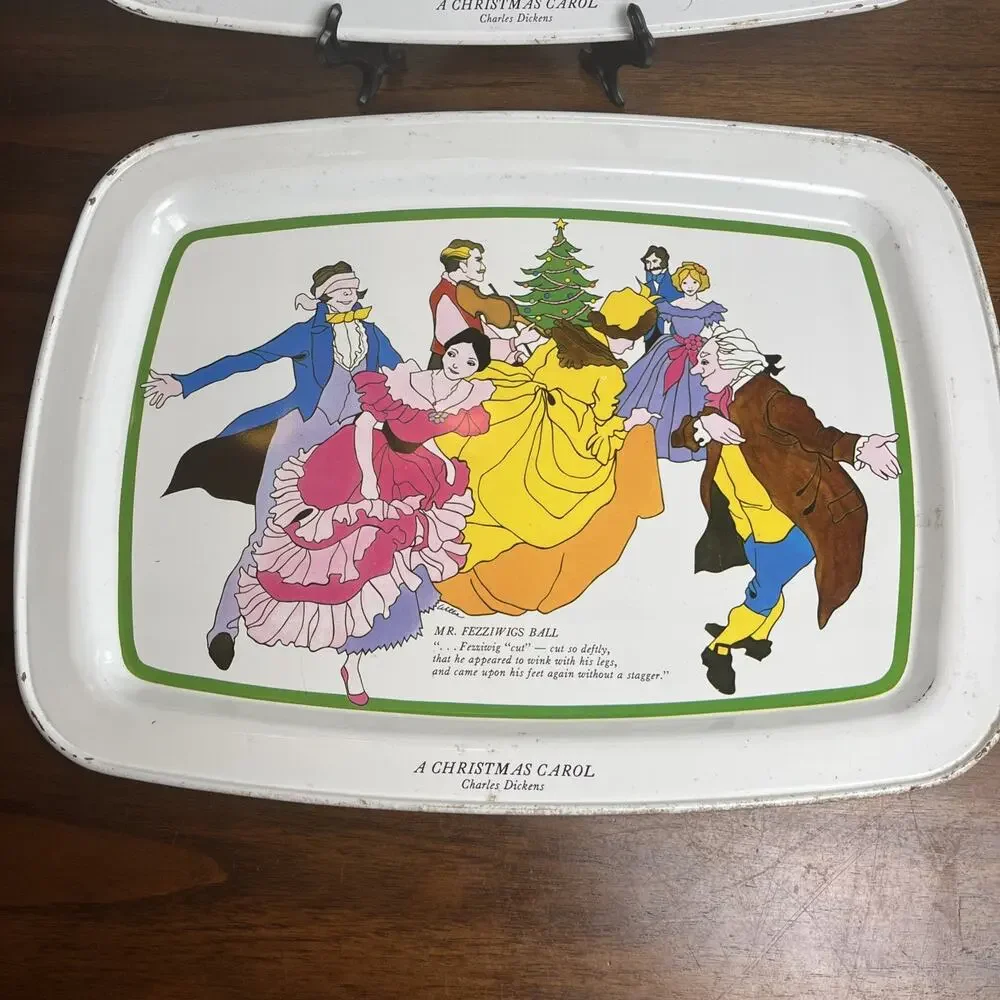 (2) Vintage A Christmas Carol Charles Dickens White Tin Trays, Holiday Decor Fun